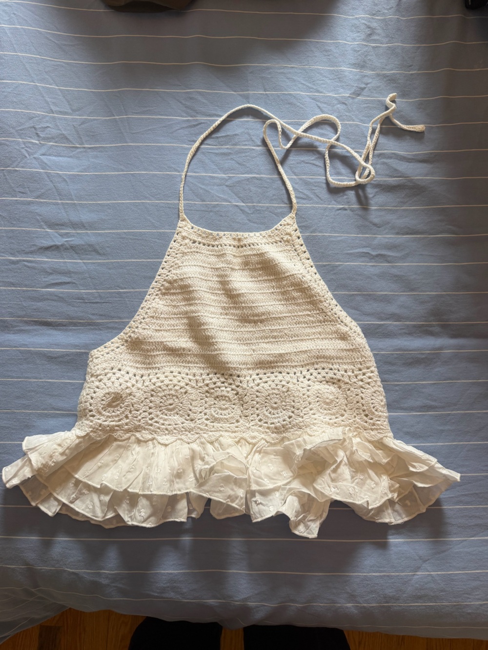 American Eagle Outfitters Cream Crochet Halter Camisole with Ruffle Hem